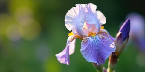 Delicate white petals unfolding from a purple iris stem, petal, iris, garden
