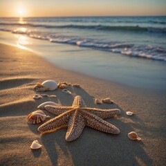 "The first light of day kisses the horizon, illuminating a tranquil beach. A starfish and seashell rest on the smooth sand as gentle waves whisper, setting the perfect tone for a dreamy summer escape.