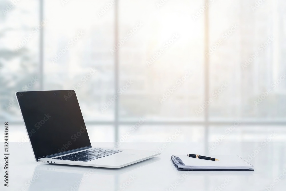 Poster solitary sophisticated workspace with open laptop pen and notepad on pristine white desk set against