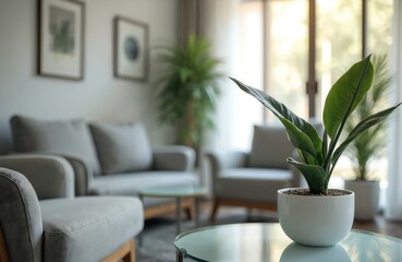 Modern psychologist office with couch blurred background. Therapy space with plants, gray armchair, table. Pro interior design for mental health consultation, calm, minimalist clinic counseling