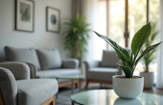 Modern psychologist office with couch blurred background. Therapy space with plants, gray armchair, table. Pro interior design for mental health consultation, calm, minimalist clinic counseling