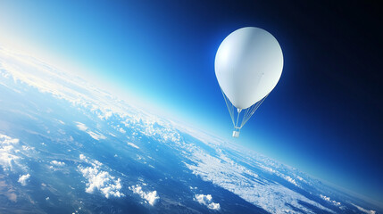 Obraz premium High-altitude weather balloon floating over the surface of a planet, showcasing futuristic probe technology for planetary exploration.