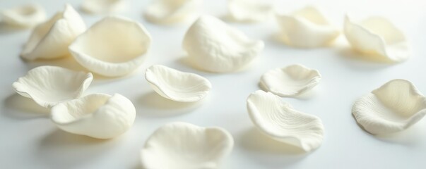 Delicate white rose petals scattered on a soft, serene background, nature, garden, white
