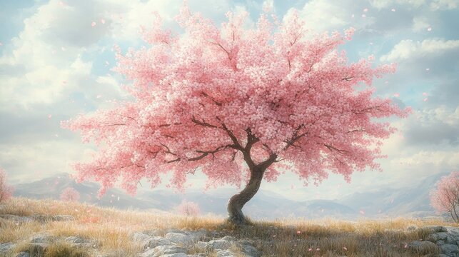 A cherry blossom tree depicted in oil painting style, with rich textures and soft hues, capturing the serene beauty of spring.