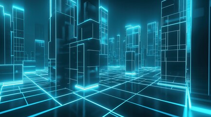 Futuristic Digital Cityscape with Glowing Blue Neon Grid. Abstract Concept for Cyber Technology and Web Design