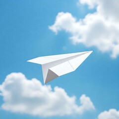 White paper airplane glides effortlessly through a vibrant blue sky dotted with fluffy white clouds a scene of freedom and hopeful journey