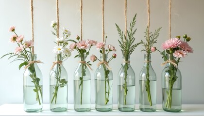 Hanging bottles with water, fresh flowers row arrangement. Glass transparent bottle garden with pink, white flowers, plants. Creative floral display for home decoration on light wall. Sustainable
