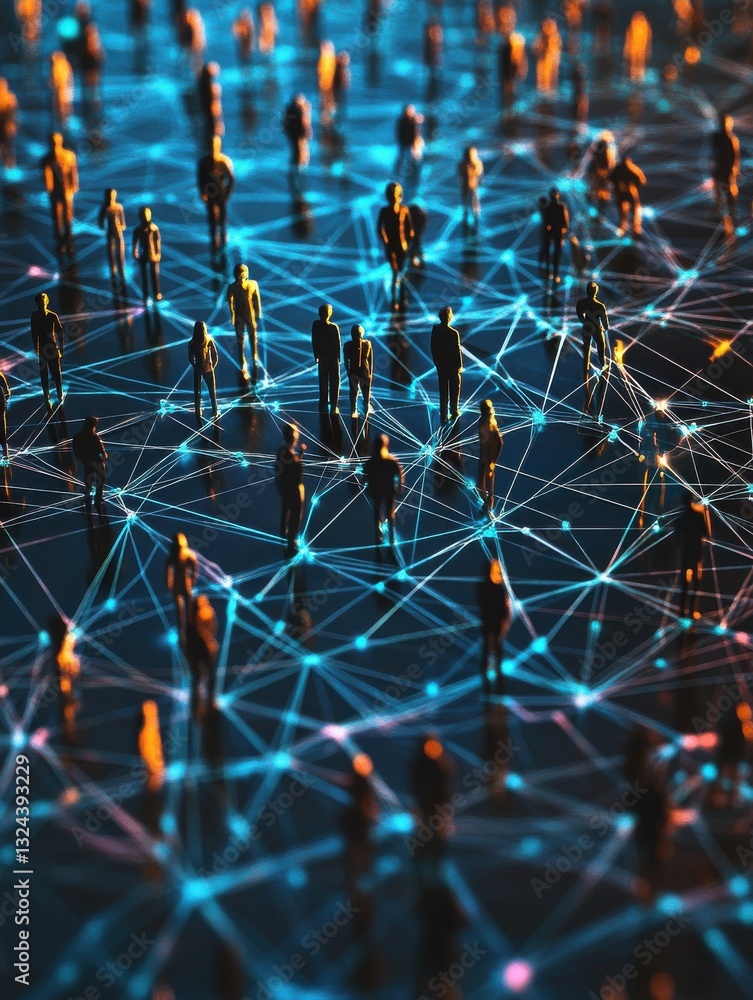 Poster multiple interconnected digital figures, each representing different people or groups, within a vast