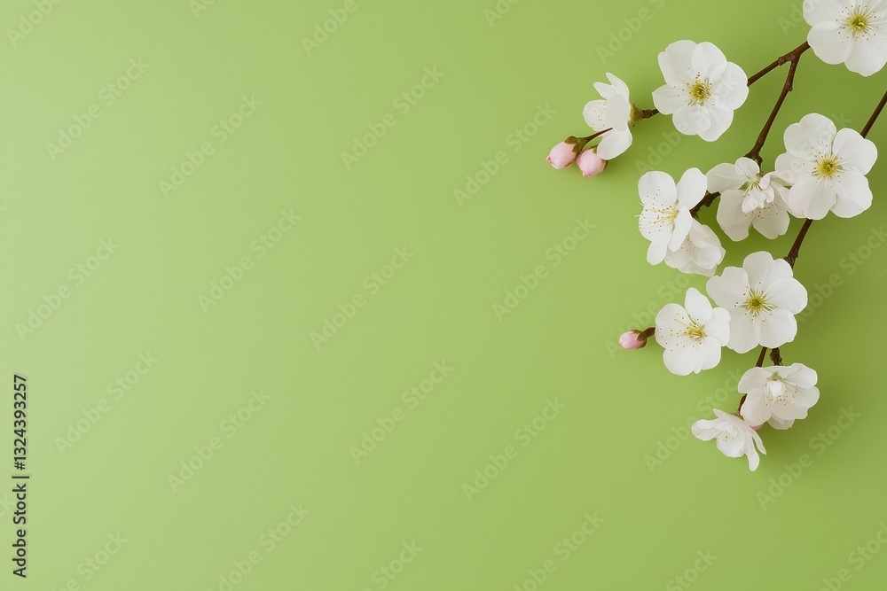 Poster a green background with a bunch of white flowers in the foreground. the flowers are arranged in a wa