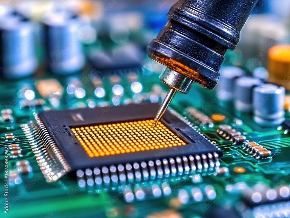Poster testing semiconductor circuit board electronics lab macro photography high-technology environment cl