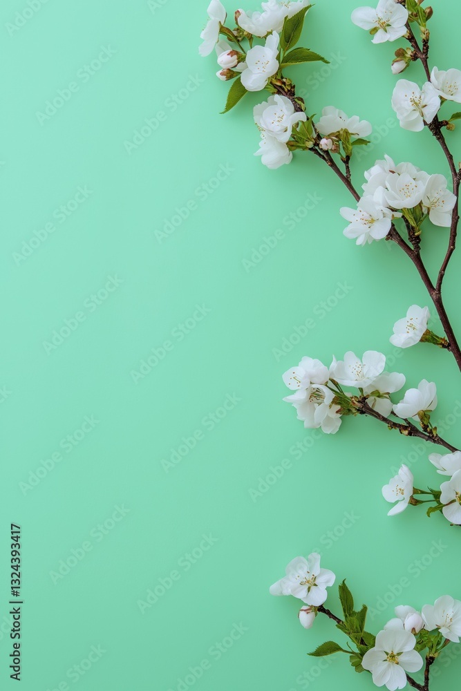 Poster a green background with white flowers in the foreground. the flowers are arranged in a way that they