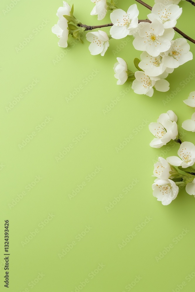 Poster a green background with white flowers in the foreground. the flowers are in full bloom and are arran