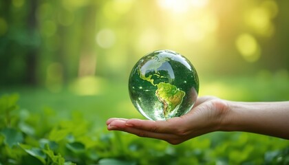 Hand holds crystal Earth globe on green background. Renewable energy based green businesses can limit climate change, global warming. Symbolizes enviromental conservation, Earth day, saving planet.