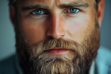 Obraz premium Intense gaze of a young man with striking blue eyes and a full beard in a softly lit setting