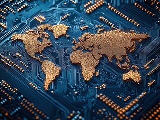 Global technology map visualization digital art world map futuristic environment close-up perspective