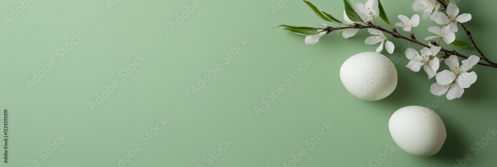 Poster a green background with two white eggs and a branch of a tree.