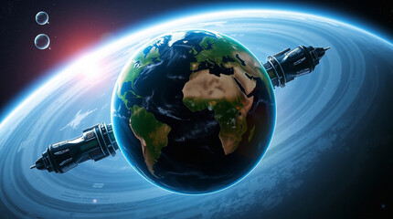 A futuristic sci-fi depiction of planet Earth, emphasizing environmental protection using advanced technology and space elements