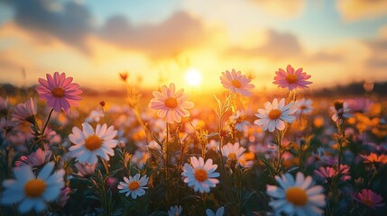 Daisy field at sunset.