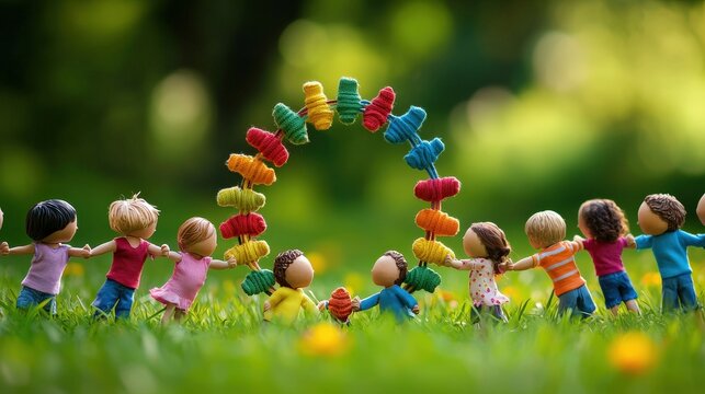 Creative representation of miniature people holding hands in a circle symbolizing unity and togetherness