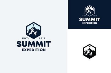 Top Mount Hexagon Badge Emblem with Rocky Ice Snow Peak Summit Mountain Silhouette for Adventure Outdoor Expedition logo design