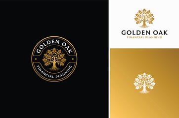 Artistic Golden Oak Tree Emblem Badge for Luxury Elegant Company Business Logo design