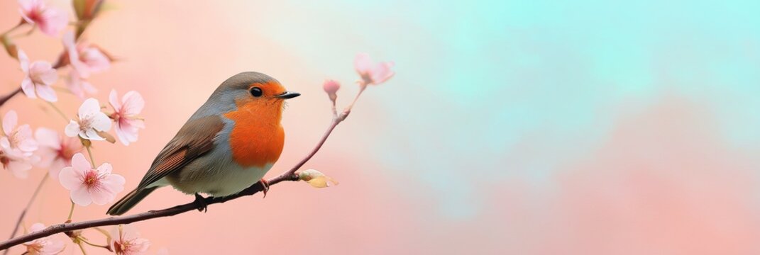 A bird is perched on a branch of a cherry tree. The bird is orange and white. The cherry tree is pink and the sky is blue - Powered by Adobe