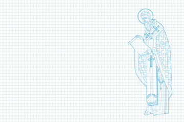 James, brother of Jesus. Illustration sketch in Byzantine style on school sheet notebook paper pattern