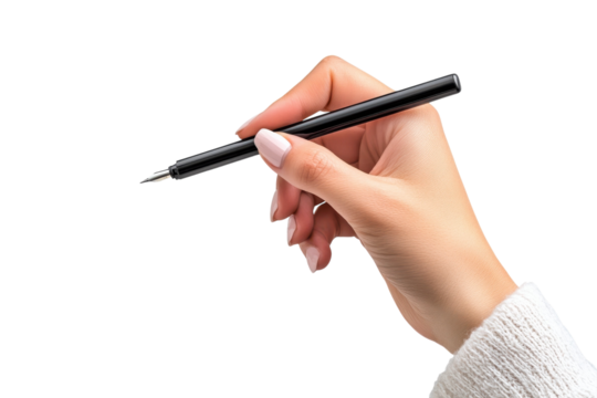 A delicate hand holding a sleek pen ready for creative expression against a clean backdrop isolated on transparent background