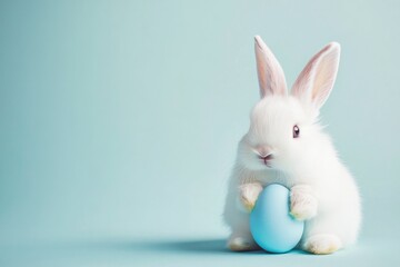 Obraz premium Cute White Easter Bunny Holding a Pastel Blue Egg
