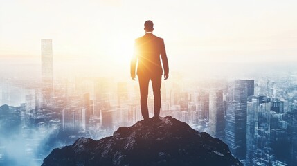 Obraz na płótnie Canvas Back view of successful businessman on mountain top. Leadership and future concept. Abstract city background with sunlight and silhoutte. Double exposure