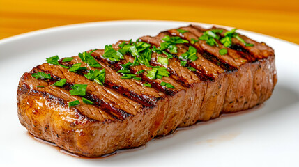 Juicy Grilled Steak with Fresh Green Herbs on a White Plate, Perfectly Cooked to Mouthwatering Perfection, Ideal for Culinary Photography and Food Advertising