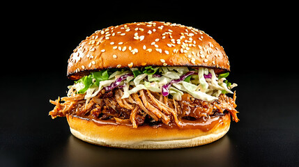 Delicious Pulled Pork Sandwich with Coleslaw and Sesame Seed Bun on Black Background