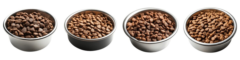 Stainless Steel Pet Food Bowl Filled with Dry Kibble Isolated on Transparent Background