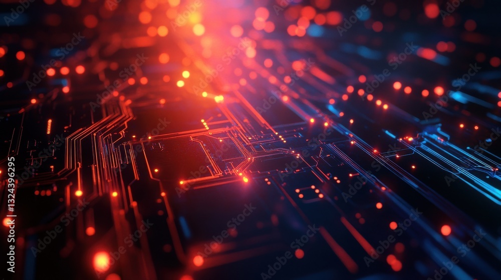 Poster creative glowing blurry circuit background. computing and tech concept. 3d rendering.