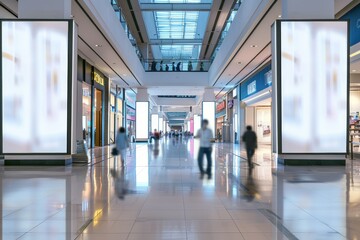 Two Vertical Blank Banners with Copy Space in a Shopping Mall with a Blurry