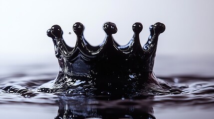 Crown-shaped black liquid splashes on a white background, creating droplets and ripples, suggesting water, oil, ink, or viscous substances.