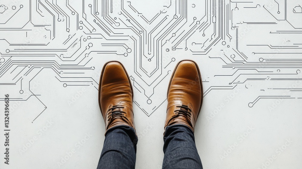 Poster top view of businessman feet standing on abstract circuit arrow sketch on white ground background wi