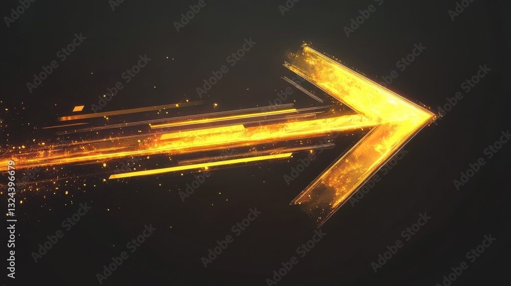Poster a vibrant yellow arrow with a dynamic effect, symbolizing movement and direction against a dark back