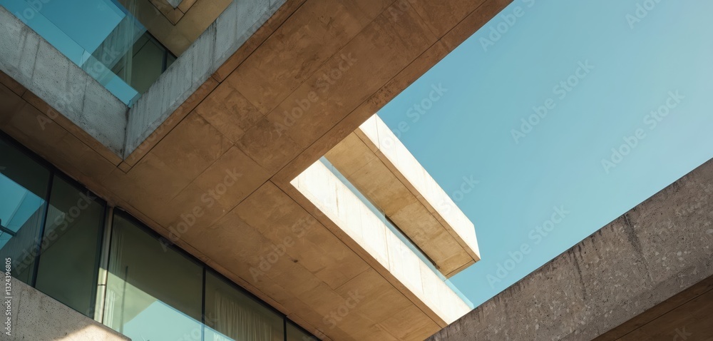 Poster contemporary building architecture with geometric concrete shapes against light blue sky. lisbon des