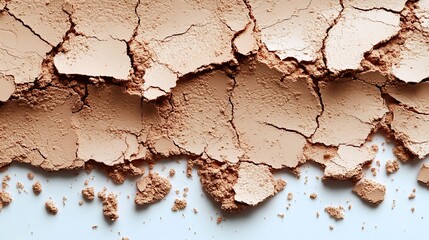 Obraz premium Crumbled beige compact foundation powder creates a textured pattern on white, showcasing cosmetic texture for beauty and makeup concepts.