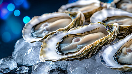Fresh Raw Oysters on Ice with Beautiful Pearls Reflecting Light for Gourmet Seafood Dishes and Elegant Culinary Presentations