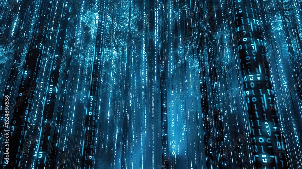 Poster digital background featuring blue and black numbers falling in the matrix style,creating a futuristi