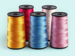 Sewing thread spools in vibrant colors studio setting product photography creative environment close-up view