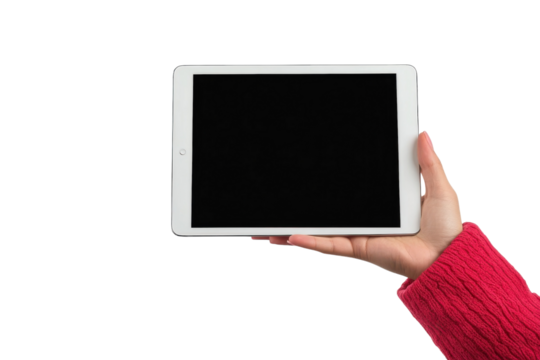 A person holding a blank tablet in a cozy indoor setting during the afternoon hours isolated on transparent background