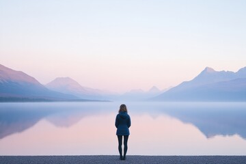 Fototapeta premium young woman stands at edge of serene lake during sunrise gazing thoughtfully at vast horizon symbolizing dreams and