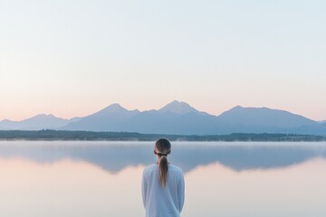 Fototapeta premium young woman stands at edge of serene lake during sunrise gazing thoughtfully at vast horizon symbolizing dreams and