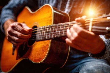 Obraz premium The artistry of traditional folk music highlighted through a hand on an acoustic guitar. 
