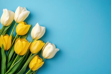 Fresh Yellow and White Tulips on a Light Blue Background