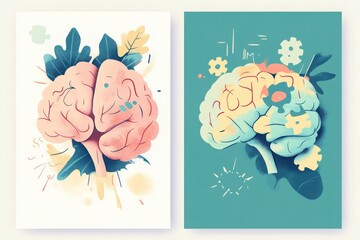 Two artistic brain illustrations with pastel colors and abstract elements symbolizing cognitive function and mental processes for a conceptual design