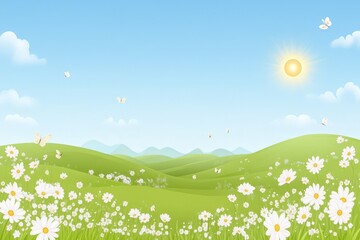 Green rolling hills covered in blooming daisies, with white butterflies fluttering under a bright sun, creating a peaceful and cheerful nature scene.